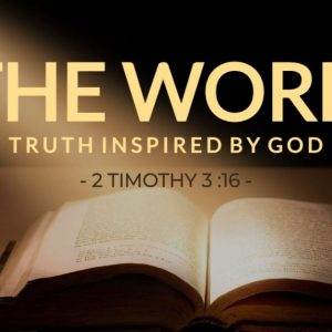 Open Bible illuminated by light with the text "The Word: Truth Inspired by God - 2 Timothy 3:16"