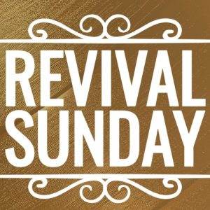 Revival Sunday event poster with a golden background and elegant white text