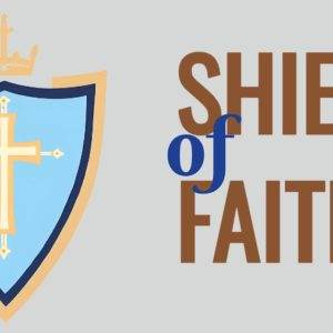 Shield of Faith logo with a cross and crown on a blue and gold shield