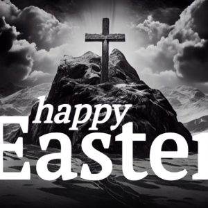 Happy Easter message with a cross on a hill under dramatic clouds