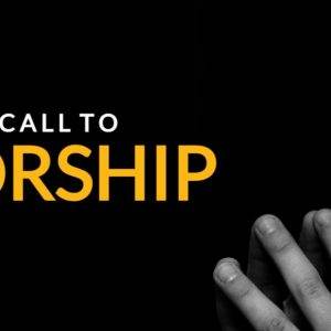 Close-up of a person in prayer with text "A Call to Worship" highlighted in yellow against a dark background.