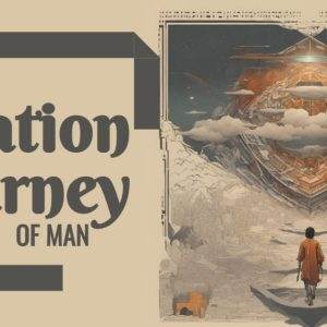 Surreal depiction of a man walking towards a cosmic portal with the text 'The Salvation Journey of Man'.