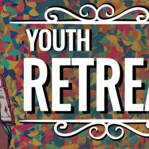 Colorful youth retreat banner featuring a young person and vibrant abstract background