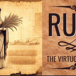 Vintage illustration of Ruth, the virtuous woman, holding wheat sheaves.