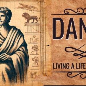 Illustration of Daniel with ancient scroll background and text "Living a Life of Integrity."