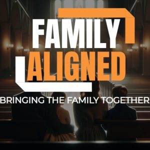 Family Aligned logo with a family in a church, bringing the family together.