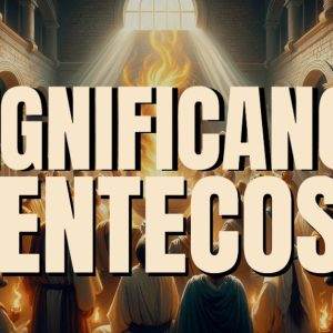 People gathered in a grand church with a fiery light representing the significance of Pentecost.