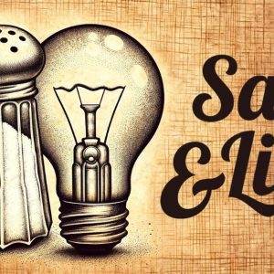 Vintage illustration of a salt shaker and light bulb with text reading Salt & Light.