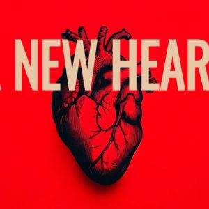 A human heart illustration with text "A New Heart" on a striking red background.