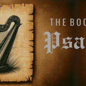 Illustration of a harp next to the text "The Book of Psalm" in a medieval style