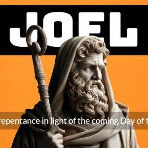 Ancient statue of Joel with a shepherds crook against an orange background, emphasizing a call to repentance.