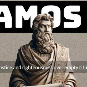 Statue of Amos holding a scroll with a message on justice against a backdrop of bold text.