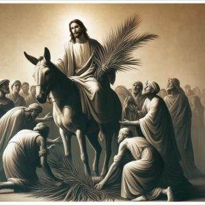 Artistic depiction of Jesus riding a donkey on Palm Sunday, surrounded by followers with palm branches.