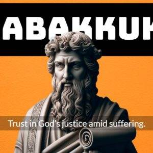 Statue of Habakkuk against an orange background with text emphasizing trust in God's justice amid suffering.