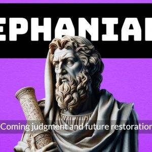 Statue of Zephaniah with text about future judgment and restoration.