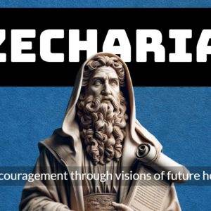 Statue of a robed figure holding a scroll, representing Zechariah, with text: Encouragement through visions of future hope.