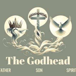 Stylized illustration of "The Godhead" featuring representations of the Father (crown), Son (cross), and Spirit (dove).