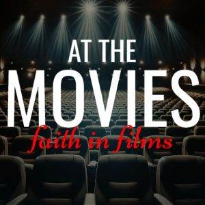 Empty cinema hall with spotlights featuring text "At the Movies: Faith in Films"