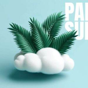 Palm Sunday art with vibrant green palm leaves and fluffy clouds on a pastel blue background