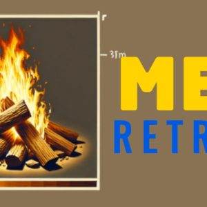 Campfire in the center with the words 'Men Retreat' in bold yellow and blue on a brown backdrop.