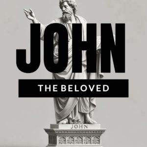 Statue of John the Beloved against a gray background