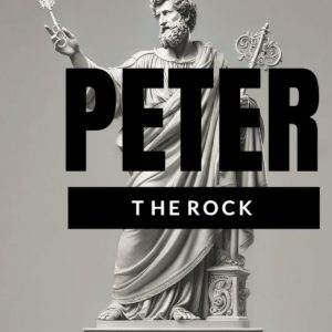 Statue of Saint Peter holding keys with bold text overlay reading "Peter The Rock"