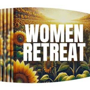 Vibrant sunflower field with the text Women Retreat in bold white letters