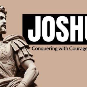 Statue of a historical figure with the name Joshua and the phrase "Conquering with Courage and Faith".