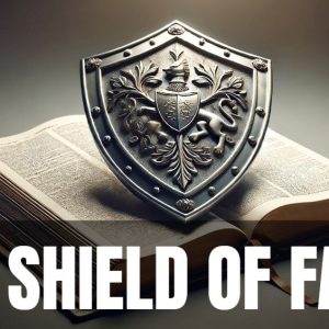 An open book with a detailed shield placed on top, symbolizing "The Shield of Faith" concept.