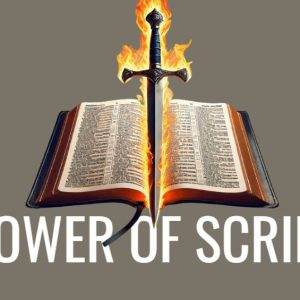 Fiery sword emerging from an open book with the text "The Power of Scripture"