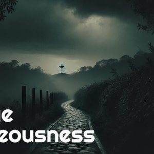 Moonlit path leading to a lit cross under a stormy sky with 'Pursue Righteousness' text.