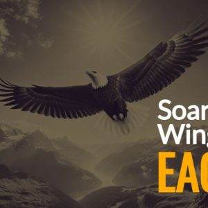 Eagle soaring in a majestic mountain landscape with inspiring text overlay