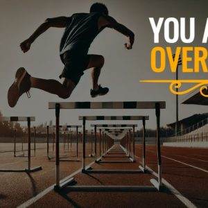 Athlete jumping over hurdles on a track with motivational message You Are An Overcomer.