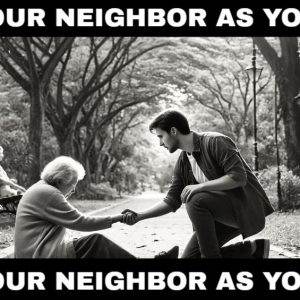 Man reaching out to elderly woman in park under message "Love your neighbor as yourself"