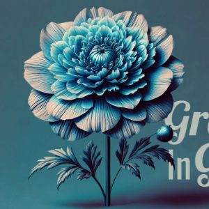 Blue flower with intricate petals and Grow in Grace text on a gradient background