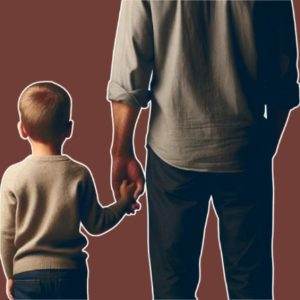 Father and son hand in hand with Father's Day text on a red-brown background