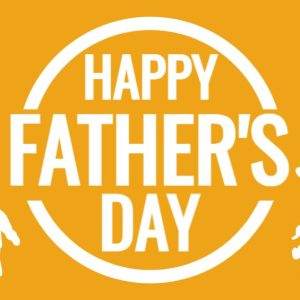 Happy Father's Day banner with silhouettes of fathers and children holding hands on a bright yellow background, surrounded by small hearts.