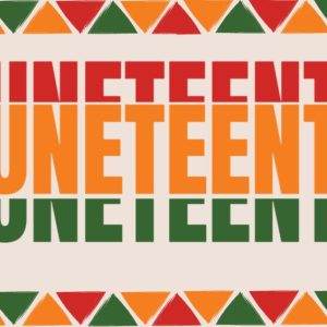 Festive Juneteenth banner with bold colors and geometric patterns