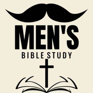 Men's Bible study logo with mustache and cross symbol.