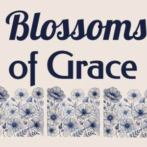 Blossoms of Grace text with intricate blue floral design on a beige background