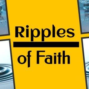 Ripples of Faith book cover with water droplets and serene blue and yellow background