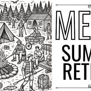 Illustration of a men's summer retreat with campfire, tents, and outdoor activities