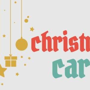 Festive Christmas carols banner with hanging decorations and colorful text.