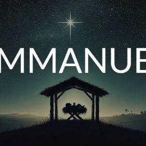 Silhouette of a nativity scene under a starry night sky with the word 'Emmanuel' in bold letters