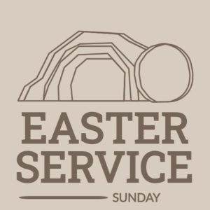 Easter Service Sunday graphic with an open tomb illustration on a beige background