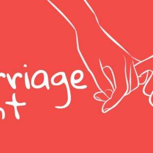 Two hands holding each other on a red background with the words Marriage Night.