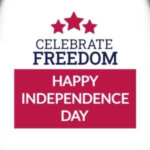 Celebrate Freedom banner with American flags and Happy Independence Day message.