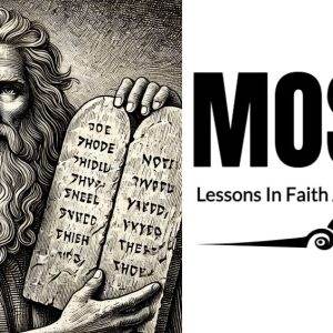 Ancient drawing of Moses holding stone tablets with commandments, featuring text about lessons in faith and obedience.