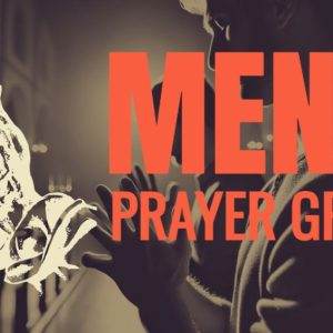 Silhouette of a man praying in a church with the text "Men's Prayer Group" in bold red letters.