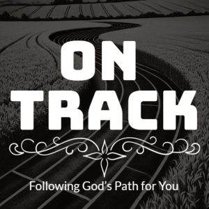 Graphic with the words "On Track" overlaid on a path through a field, emphasizing a guided spiritual journey.